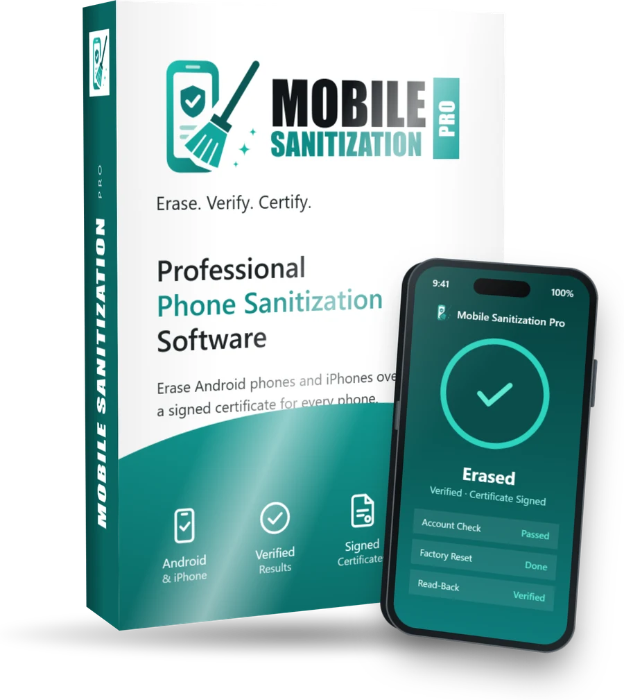 Mobile Sanitization Pro box with a phone showing Erased